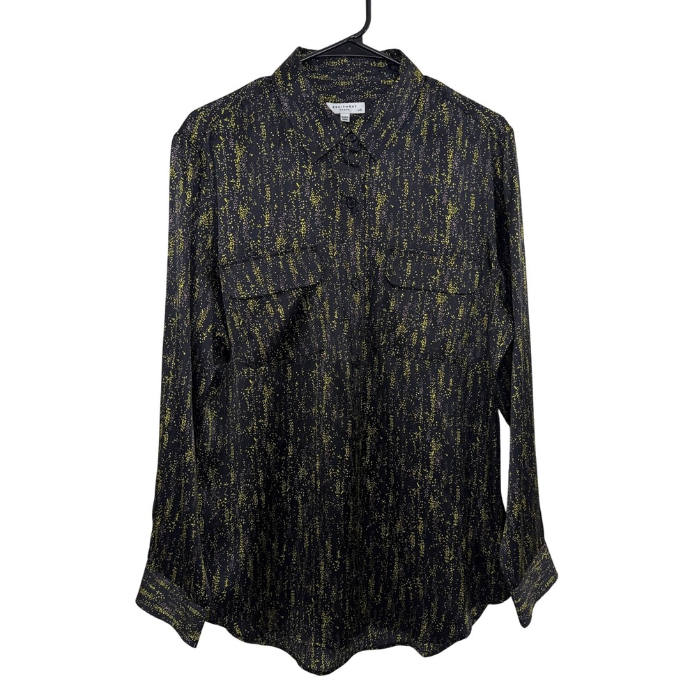 Equipment Shirt Womens Large Black Yellow Abstract Dot Print Silk Long Sleeve